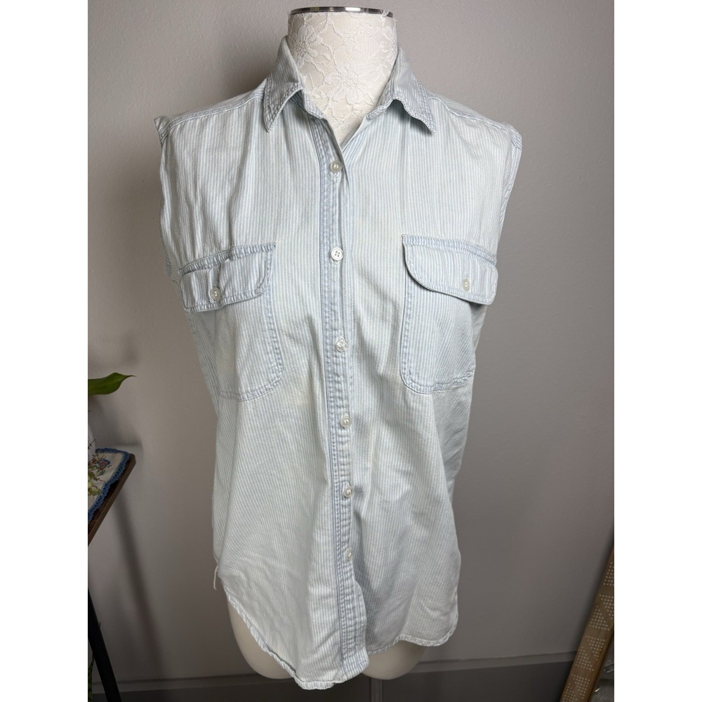Vintage Off Base Men S Light Blue Sleeveless Button Up Hickory Stripe Cotton